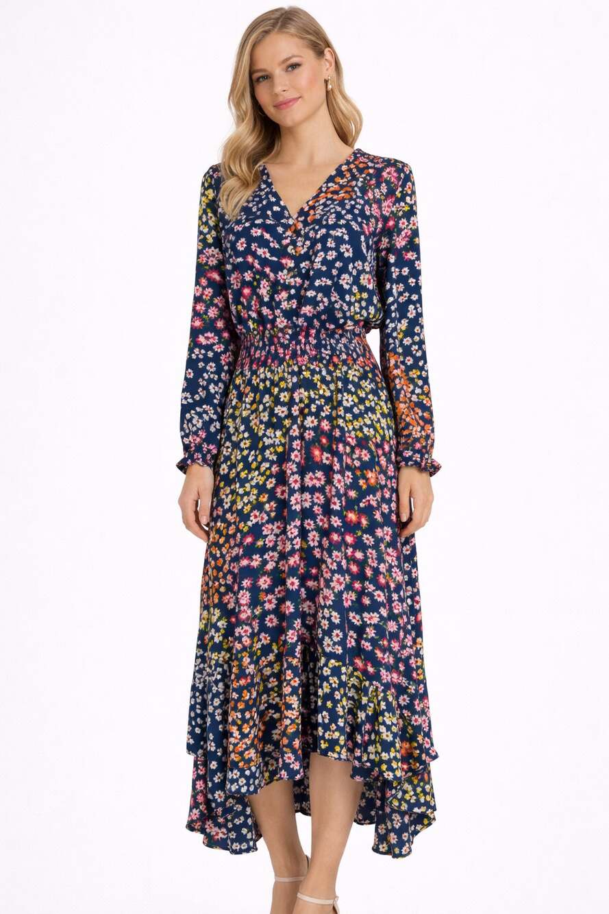 Nanette Lepore Long Sleeve Floral High Low Hem Midi Dress Womens 8 Fit Flare